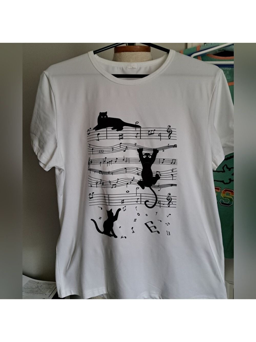 White BLACK CAT sheet Music Notes Ladies TEE Thsirt Top Stretch M